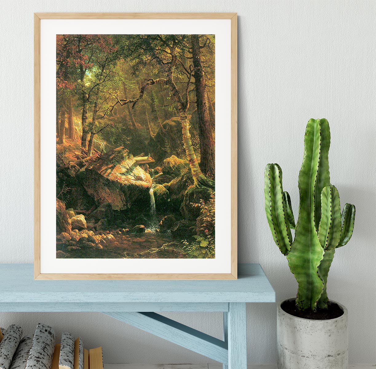 The Mountain by Bierstadt framed print showcasing vibrant colors and intricate details in a handmade frame.