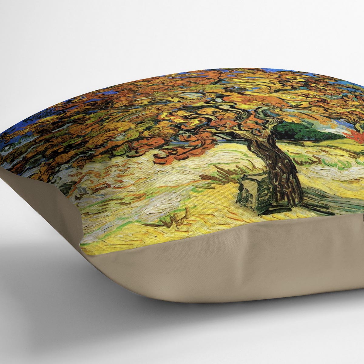 A vibrant cushion featuring Van Gogh's The Mulberry Tree artwork, made from luxurious vegan faux suede with a plump filling.