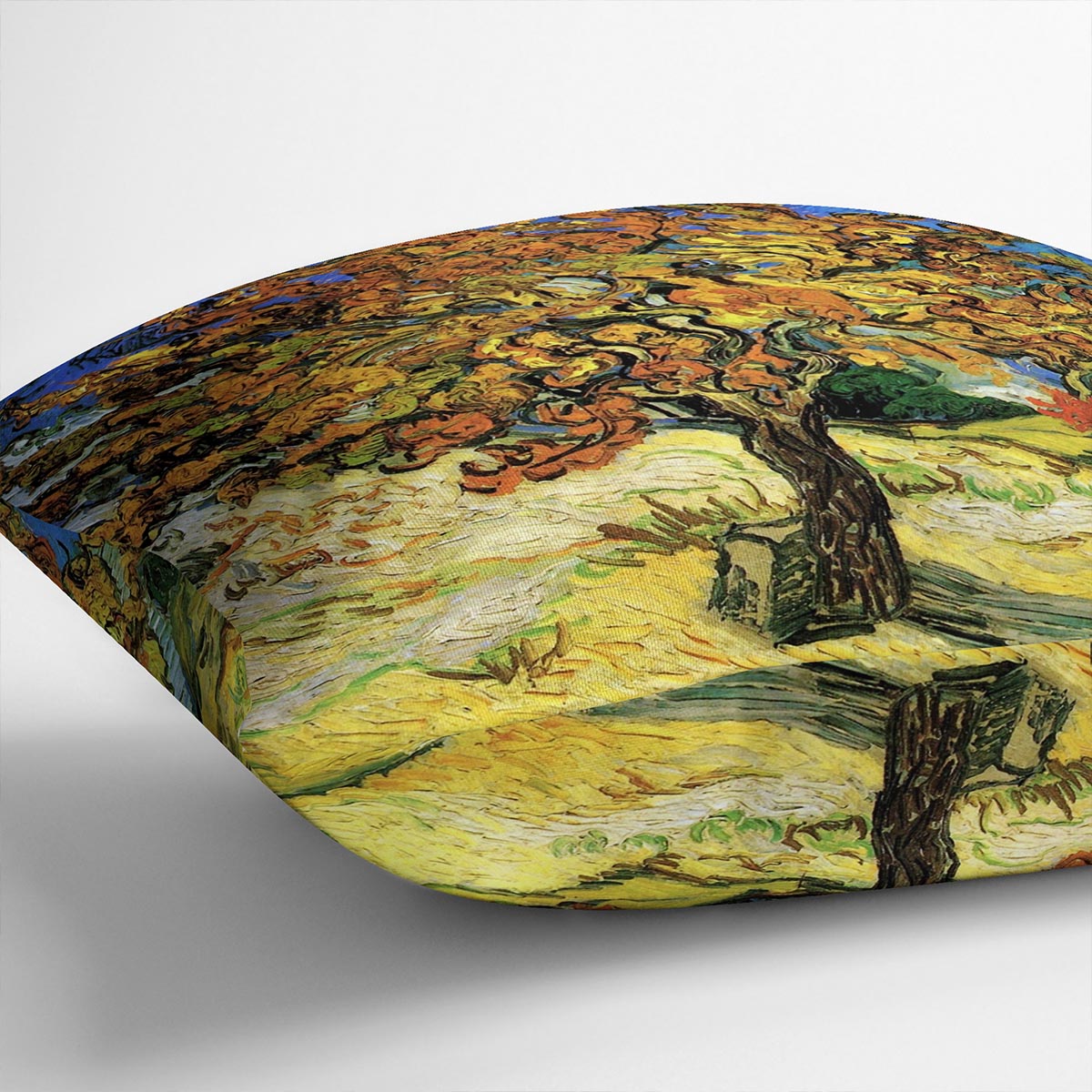 A vibrant cushion featuring Van Gogh's The Mulberry Tree artwork, made from luxurious vegan faux suede with a plump filling.