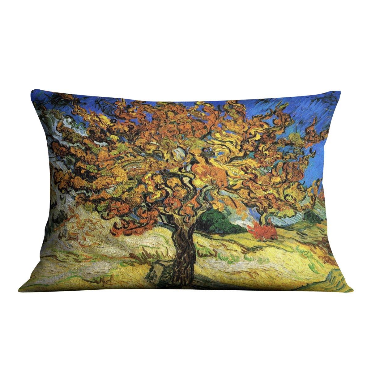 A vibrant cushion featuring Van Gogh's The Mulberry Tree artwork, made from luxurious vegan faux suede with a plump filling.