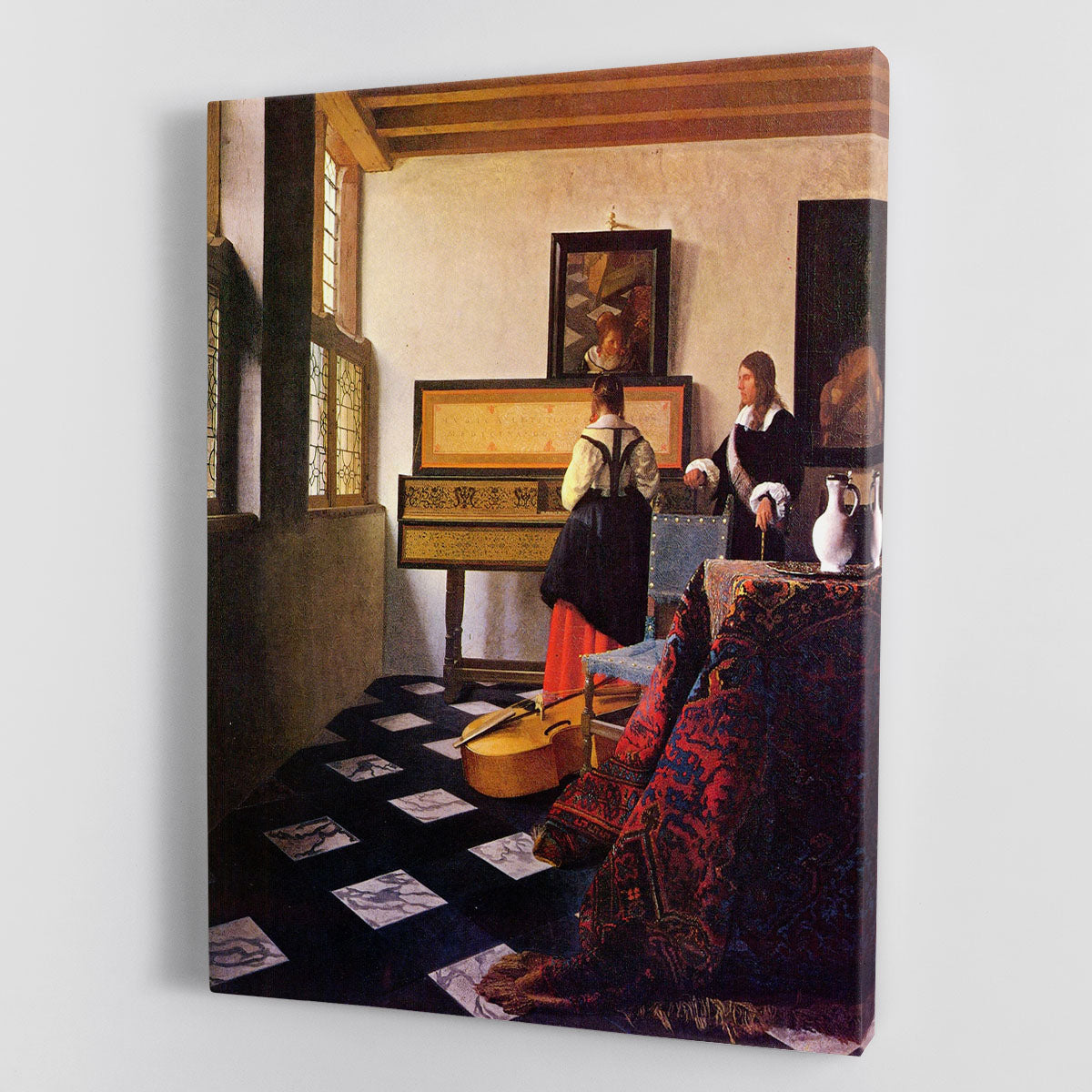 Canvas print of The Music Lesson by Vermeer, showcasing a serene music lesson scene with intricate details and rich colors.