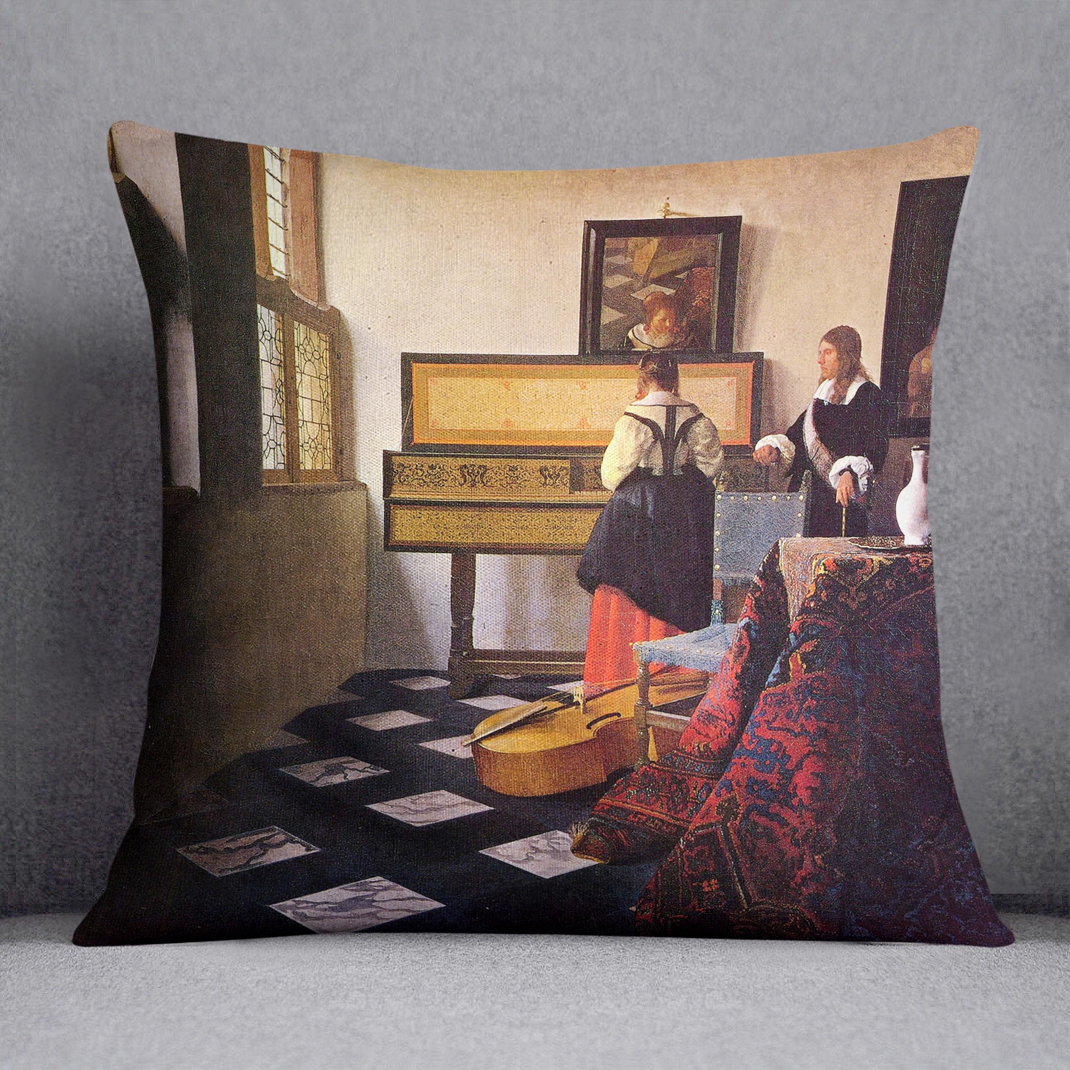 The Music Lesson by Vermeer Cushion featuring vibrant abstract design on luxurious vegan faux suede.