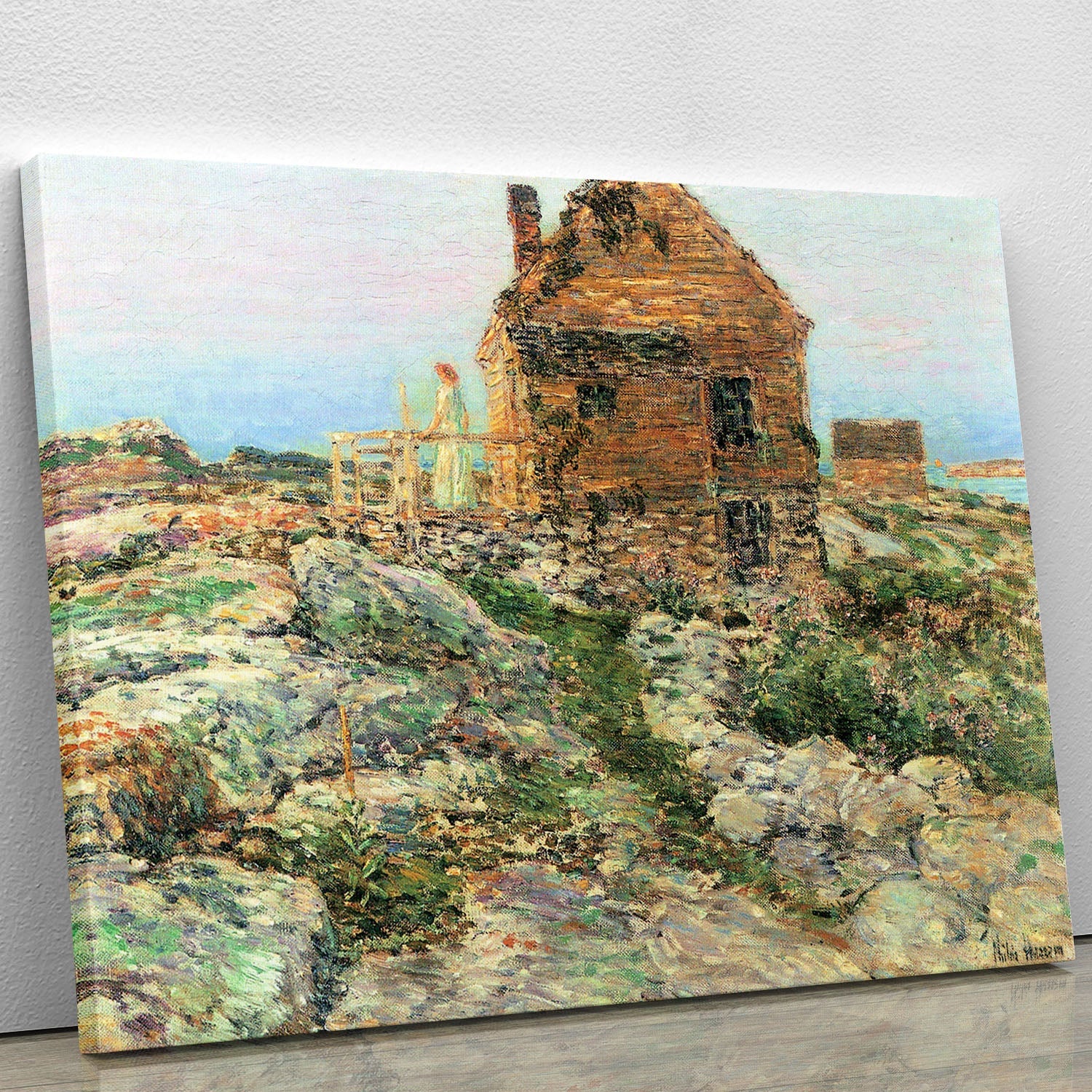 Canvas print of The Norwegian Hut by Hassam, showcasing serene landscape and vibrant colors.