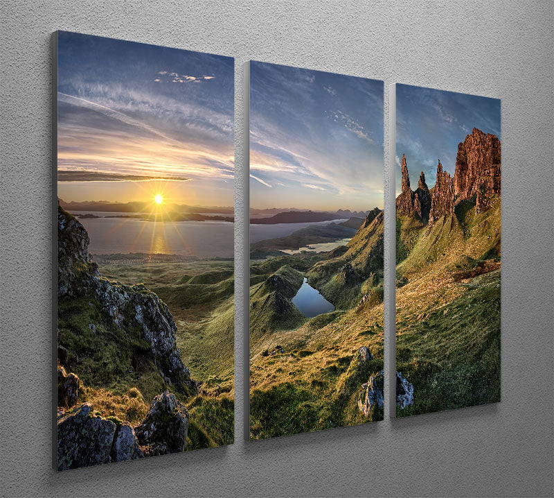 The Old Man Of Storr 3 Split Panel Canvas Print showcasing a stunning landscape of the iconic rock formation on the Isle of Skye.