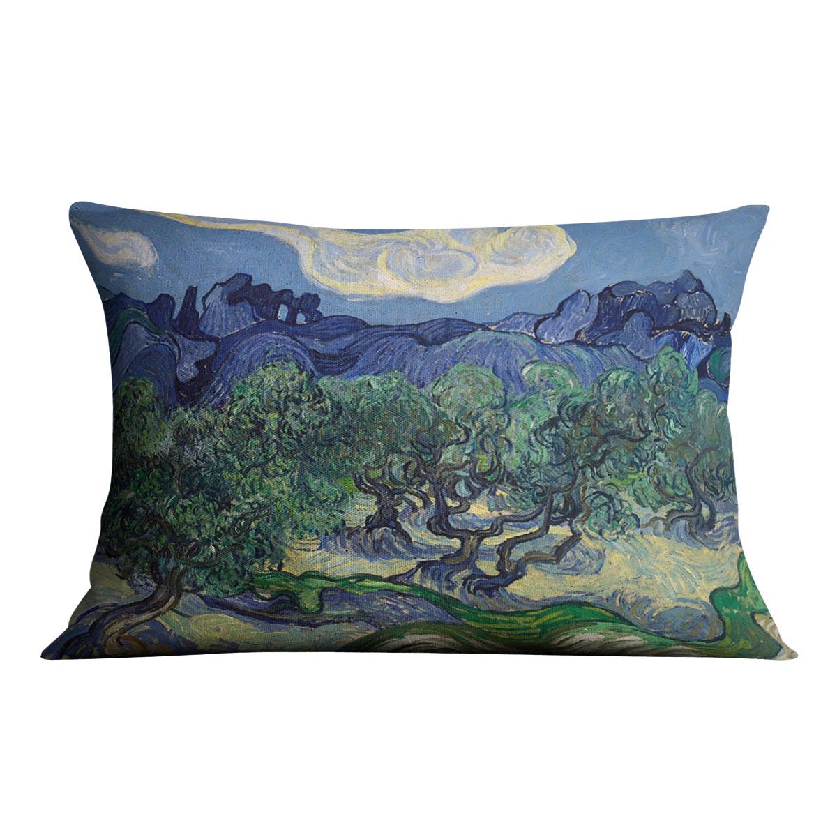 The Olive Trees Cushion featuring vibrant abstract designs on luxurious vegan faux suede, showcasing its plush filling and handmade quality.
