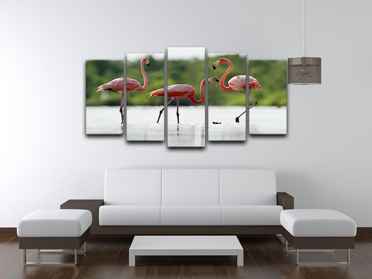 A vibrant 5-panel canvas artwork featuring a pink Caribbean flamingo, showcasing its elegance and beauty in a dynamic split design.