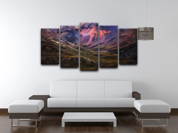 The Pink Mountain 5 Split Panel Canvas artwork featuring vibrant pink mountains across five panels.