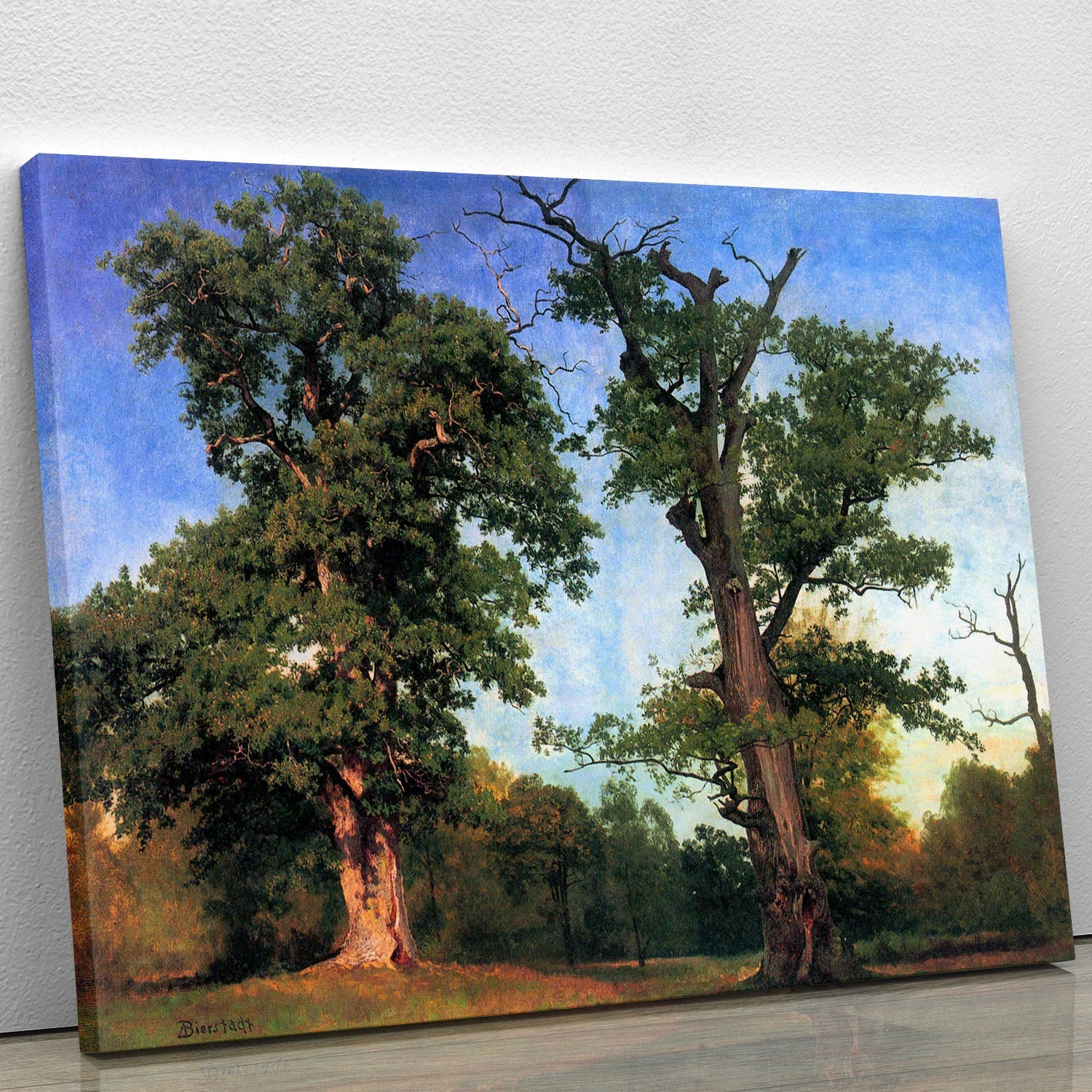 A beautiful canvas print of The Pioneers of Forests by Bierstadt, showcasing lush trees and serene landscapes in vibrant colors.