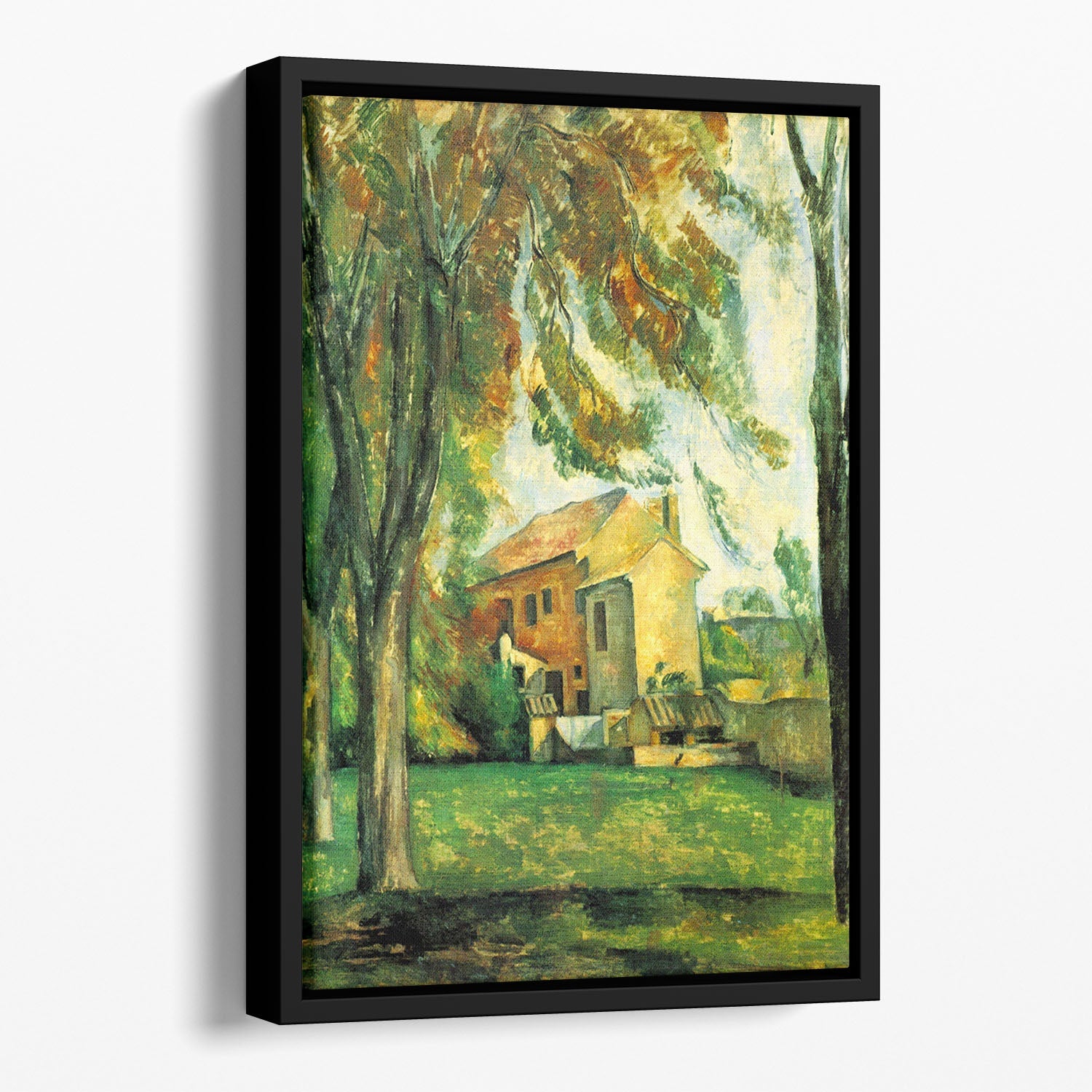 Floating framed artwork of Cezanne's winter pond, showcasing vibrant colors and serene nature.