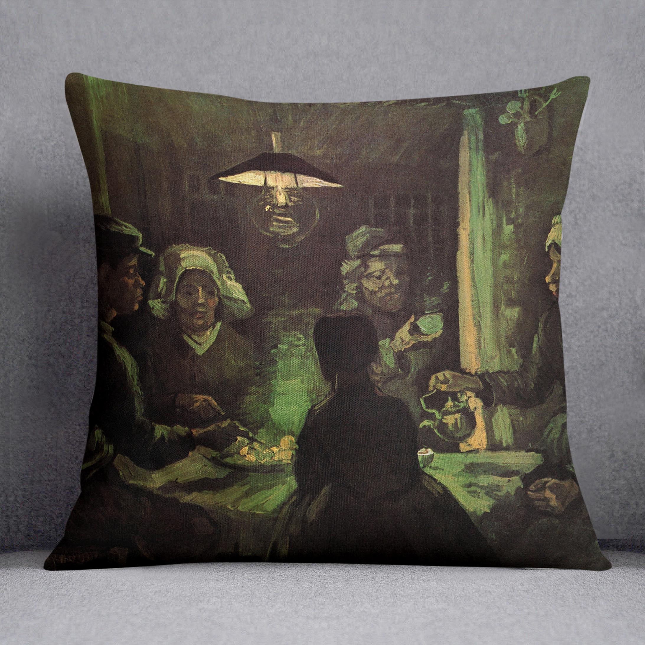 A vibrant cushion featuring Van Gogh's The Potato Eaters painting, made from luxurious vegan faux suede.