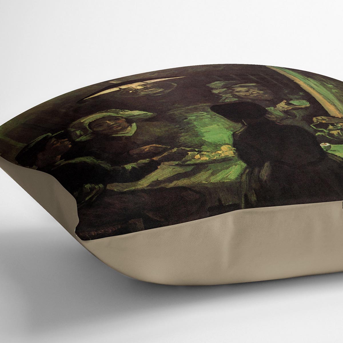 A vibrant cushion featuring Van Gogh's The Potato Eaters painting, made from luxurious vegan faux suede.