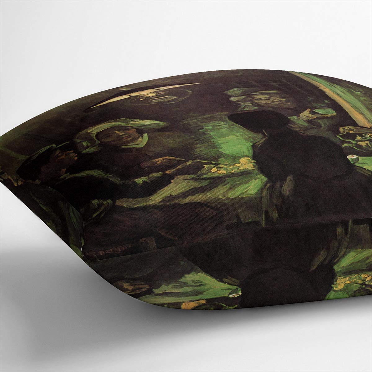 A vibrant cushion featuring Van Gogh's The Potato Eaters painting, made from luxurious vegan faux suede.