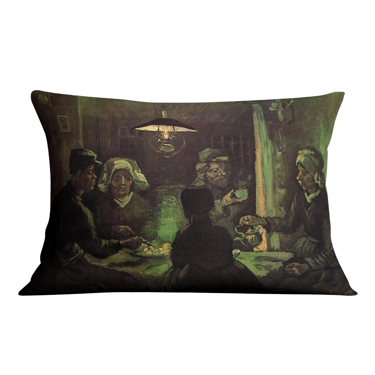 A vibrant cushion featuring Van Gogh's The Potato Eaters painting, made from luxurious vegan faux suede.