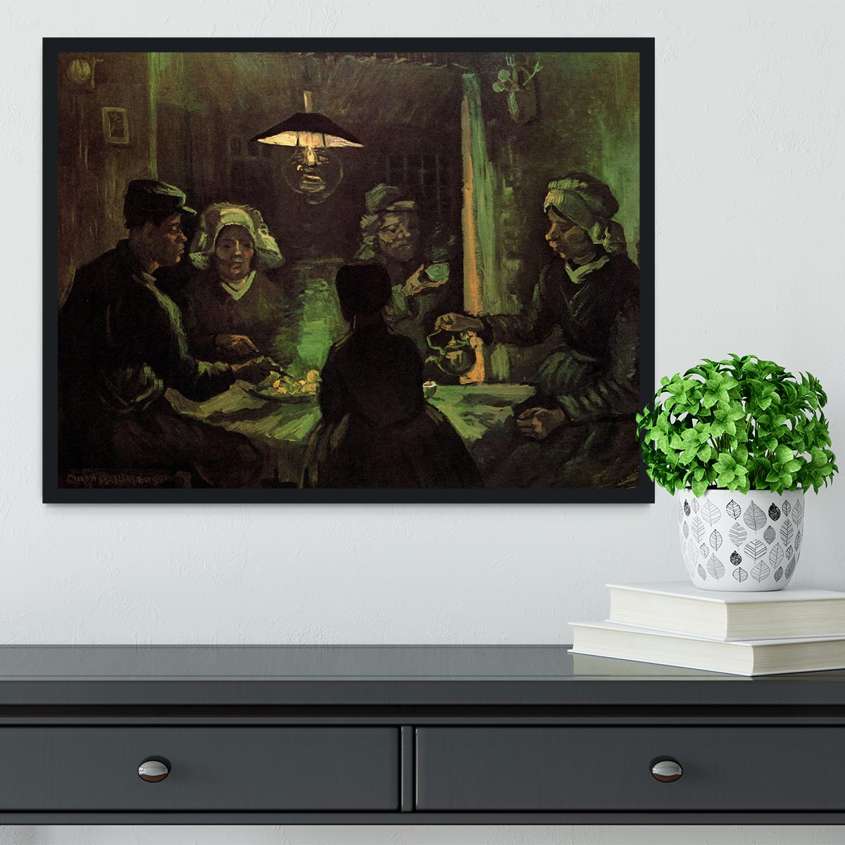 Framed print of Van Gogh's The Potato Eaters, showcasing vibrant colors and quality craftsmanship.