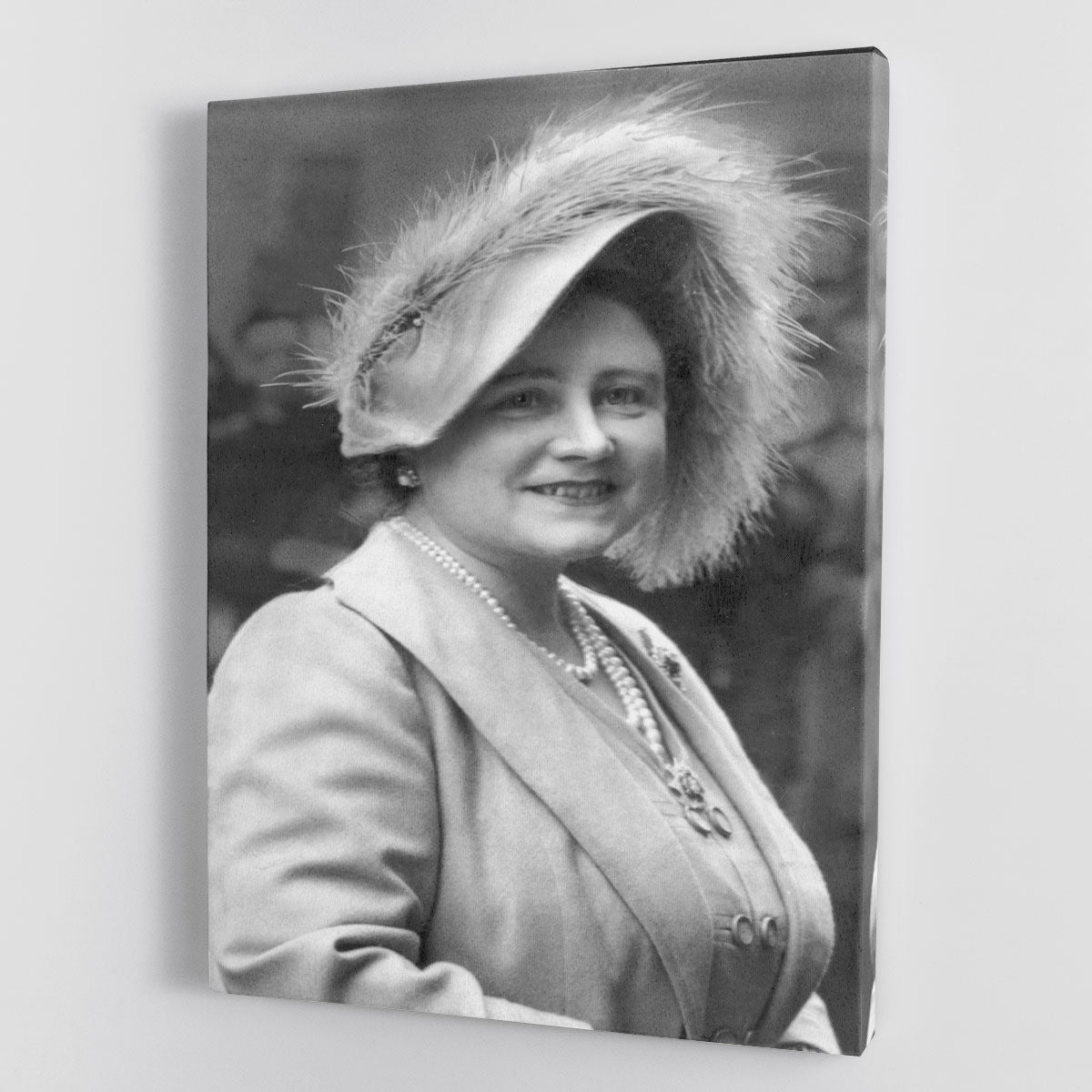 Canvas print of The Queen Mother at Lord Roberts Memorial Workshops in Dundee, showcasing historical significance and artistic elegance.