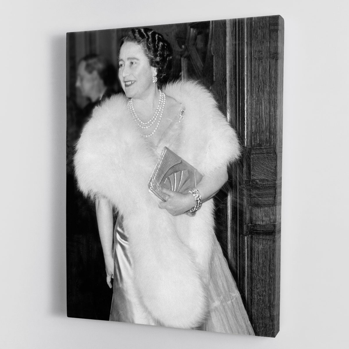 Canvas print of The Queen Mother enjoying a night out at the Coliseum, showcasing elegance and historical significance.