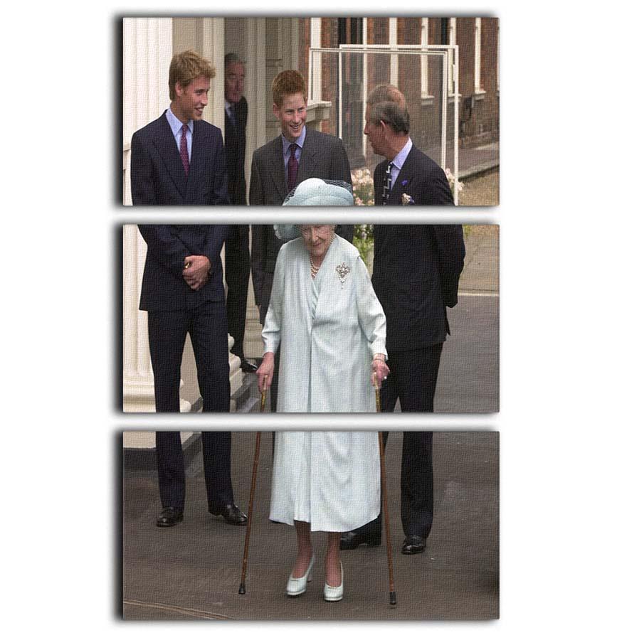 Three-panel canvas art featuring The Queen Mother celebrating her 101st birthday with family, showcasing elegance and historical significance.