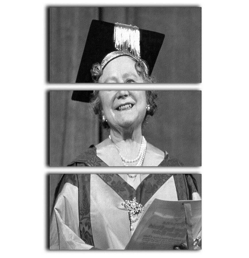 Three-panel canvas art featuring The Queen Mother with her honorary music degree, showcasing elegance and sophistication.