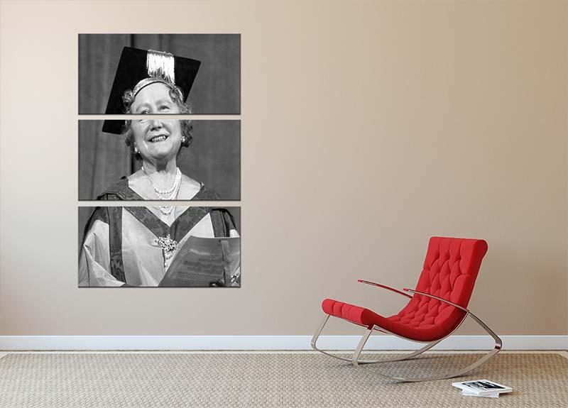Three-panel canvas art featuring The Queen Mother with her honorary music degree, showcasing elegance and sophistication.