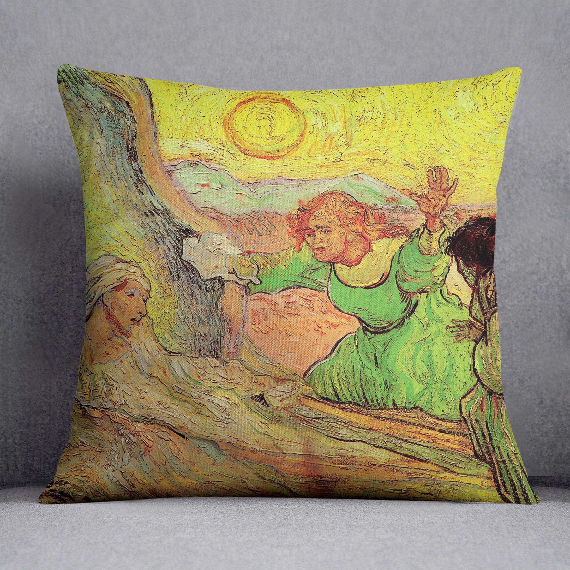 A vibrant cushion featuring Van Gogh's Raising of Lazarus artwork, made from luxurious vegan faux suede.