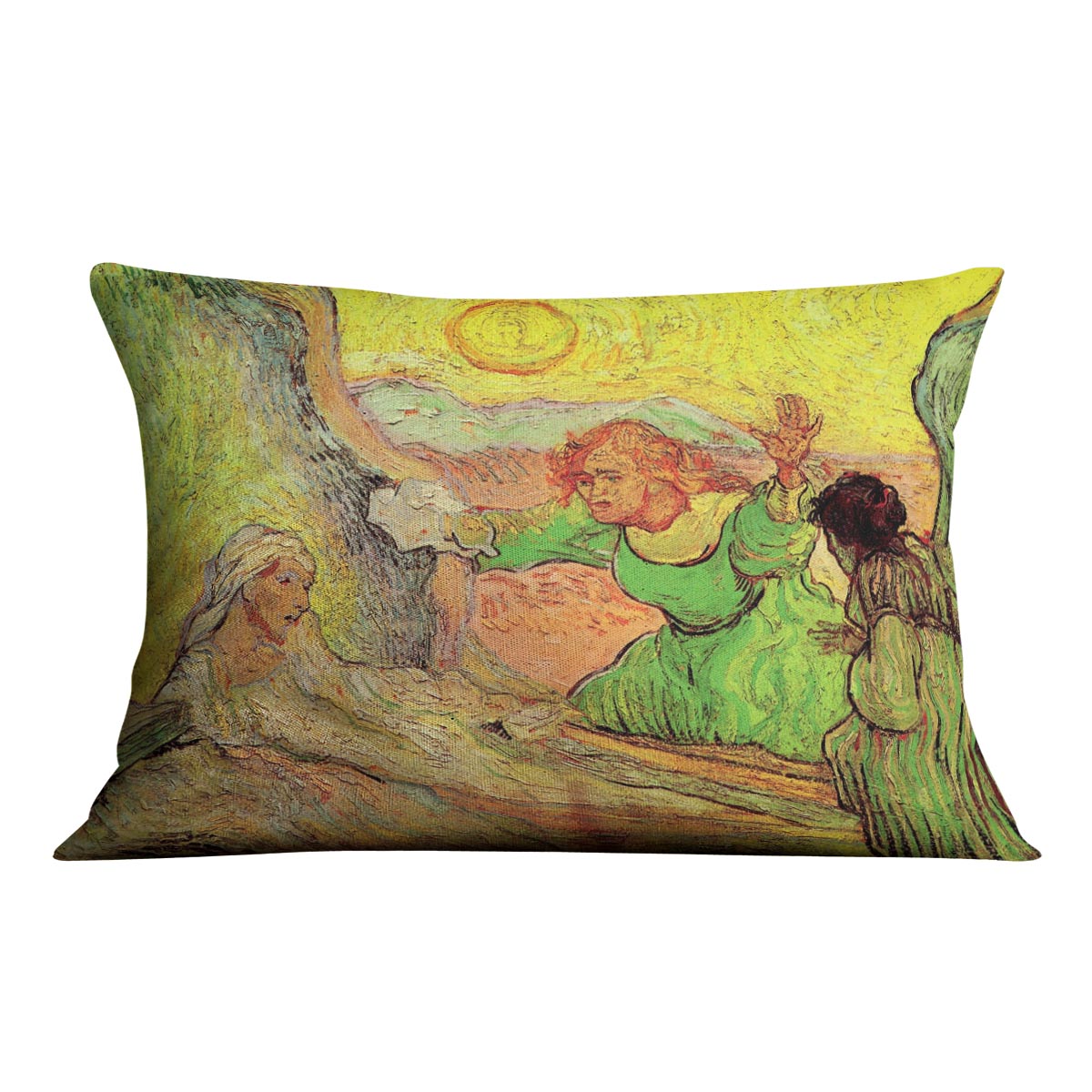 A vibrant cushion featuring Van Gogh's Raising of Lazarus artwork, made from luxurious vegan faux suede.