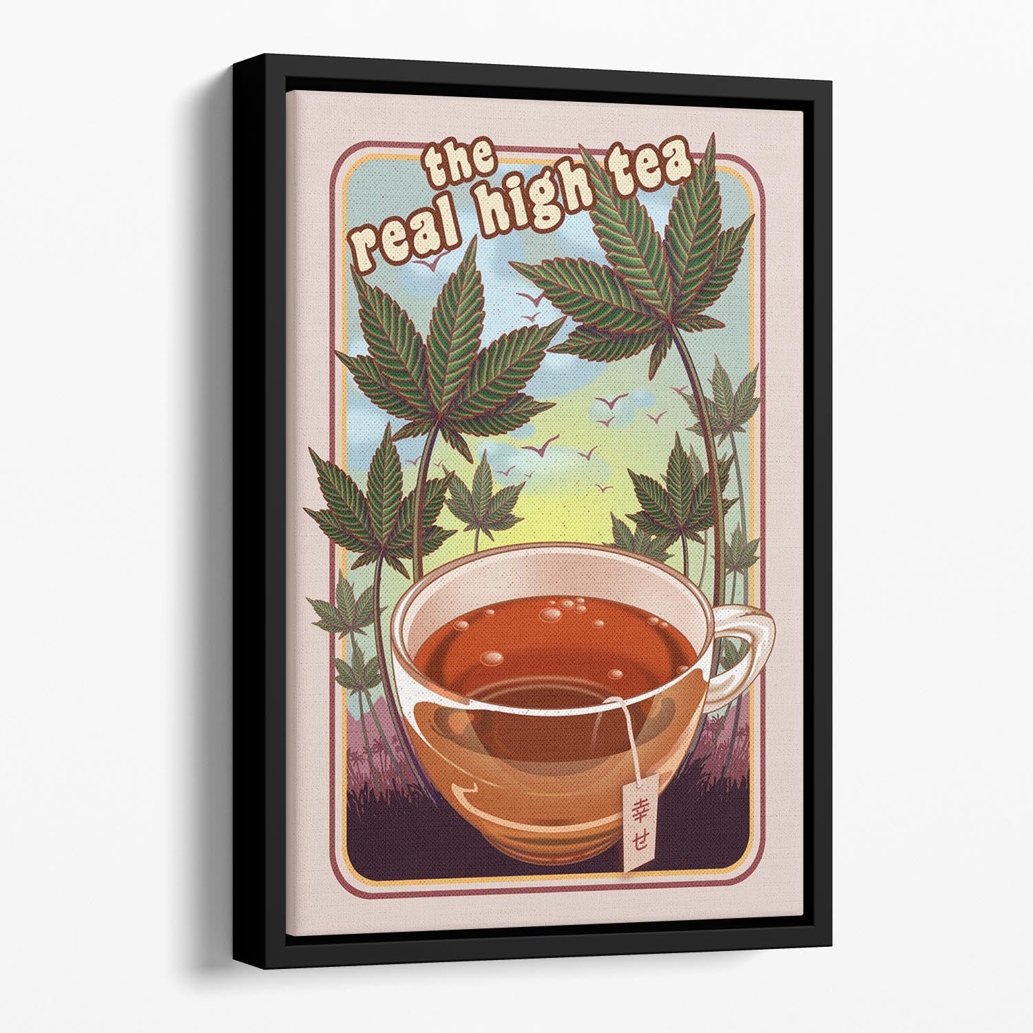 The Real High Tea Floating Framed Canvas featuring vibrant abstract art in an elegant wooden frame, perfect for home decor.