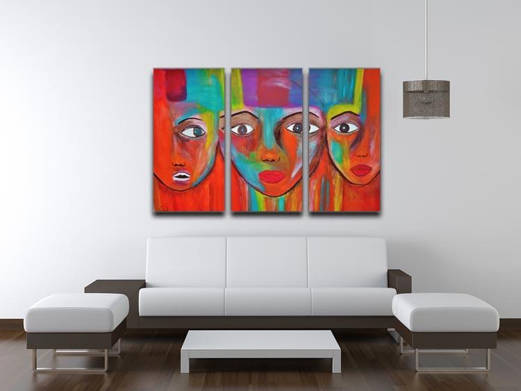 The Red Faces 3 Split Panel Canvas Print featuring vibrant colors and abstract design, perfect for enhancing home decor.