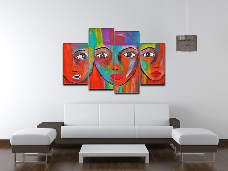 The Red Faces 4 Split Panel Canvas showcasing vibrant colors and abstract design across four panels.