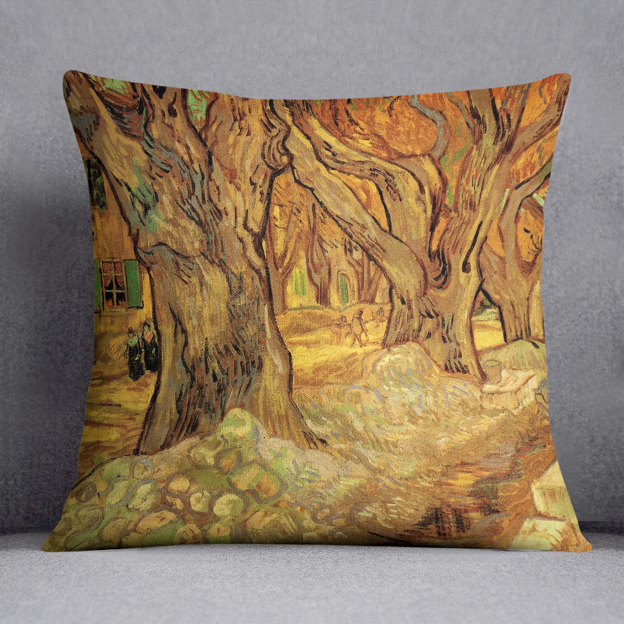 The Road Menders 2 cushion featuring Van Gogh's artwork on luxurious vegan faux suede, showcasing vibrant colors and artistic design.