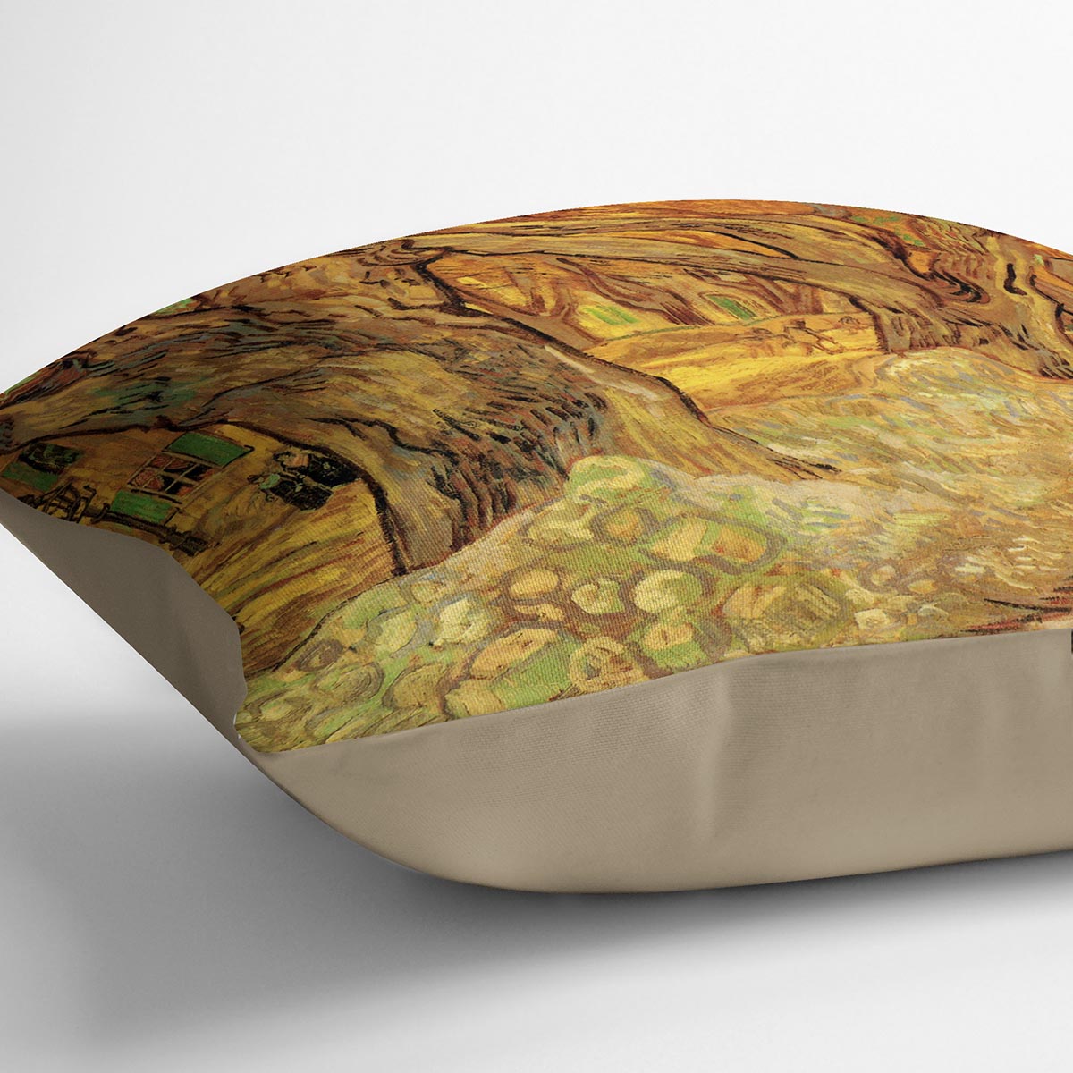 The Road Menders 2 cushion featuring Van Gogh's artwork on luxurious vegan faux suede, showcasing vibrant colors and artistic design.