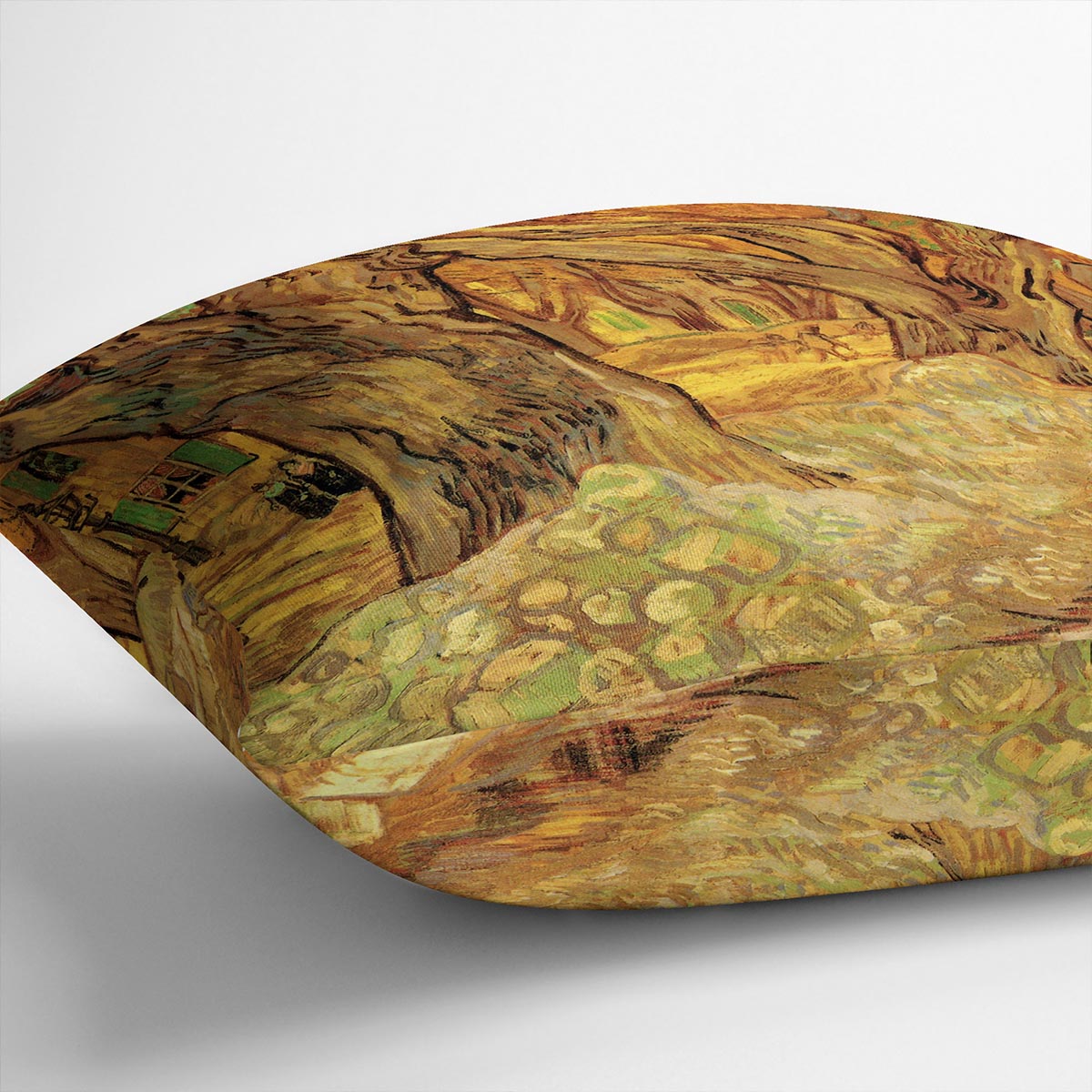 The Road Menders 2 cushion featuring Van Gogh's artwork on luxurious vegan faux suede, showcasing vibrant colors and artistic design.