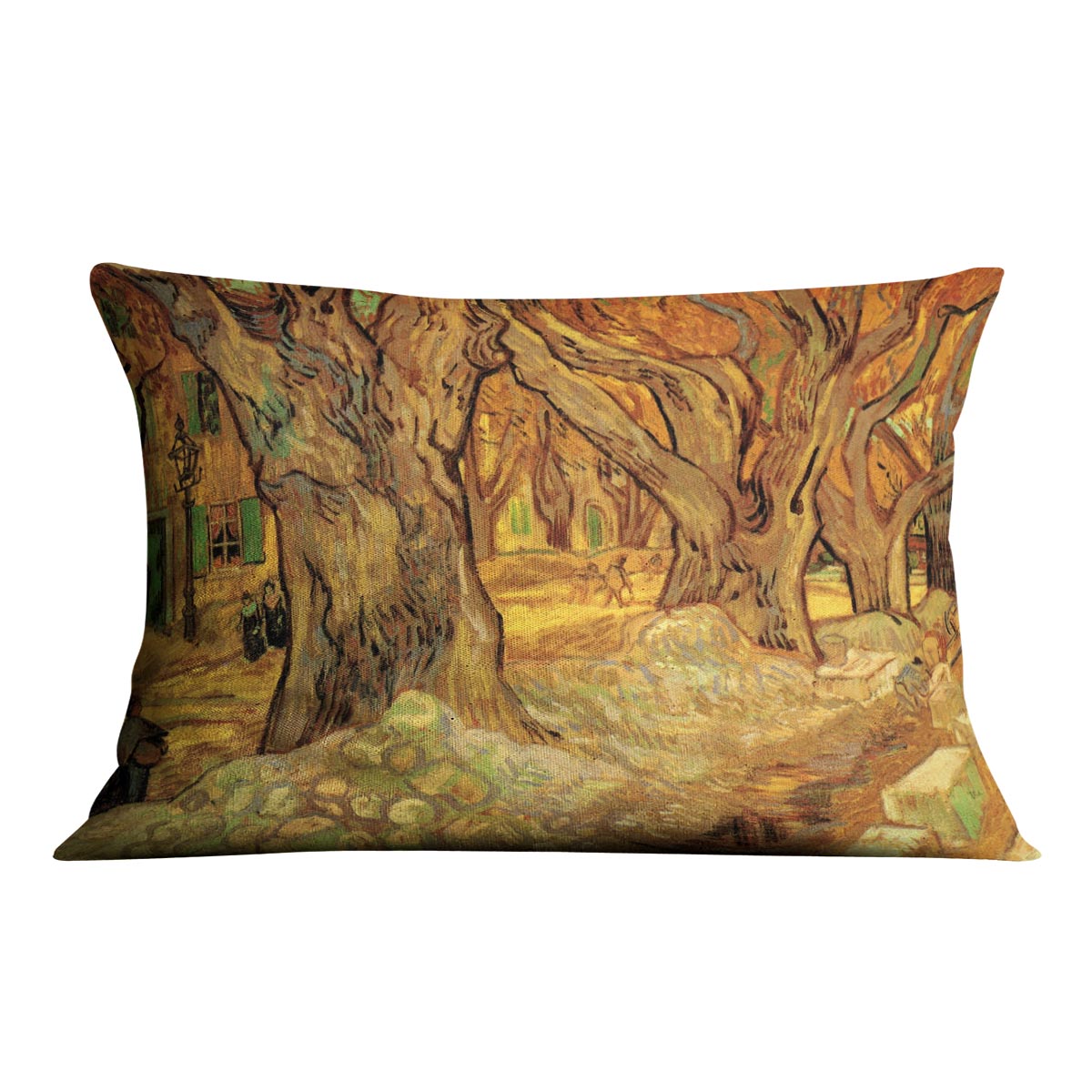 The Road Menders 2 cushion featuring Van Gogh's artwork on luxurious vegan faux suede, showcasing vibrant colors and artistic design.