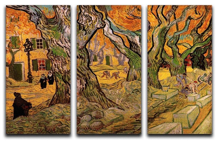 Three-panel canvas print of The Road Menders by Van Gogh, showcasing vibrant colors and intricate details.