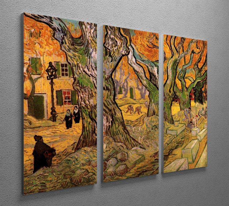 Three-panel canvas print of The Road Menders by Van Gogh, showcasing vibrant colors and intricate details.