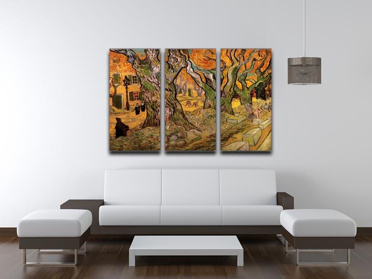 Three-panel canvas print of The Road Menders by Van Gogh, showcasing vibrant colors and intricate details.