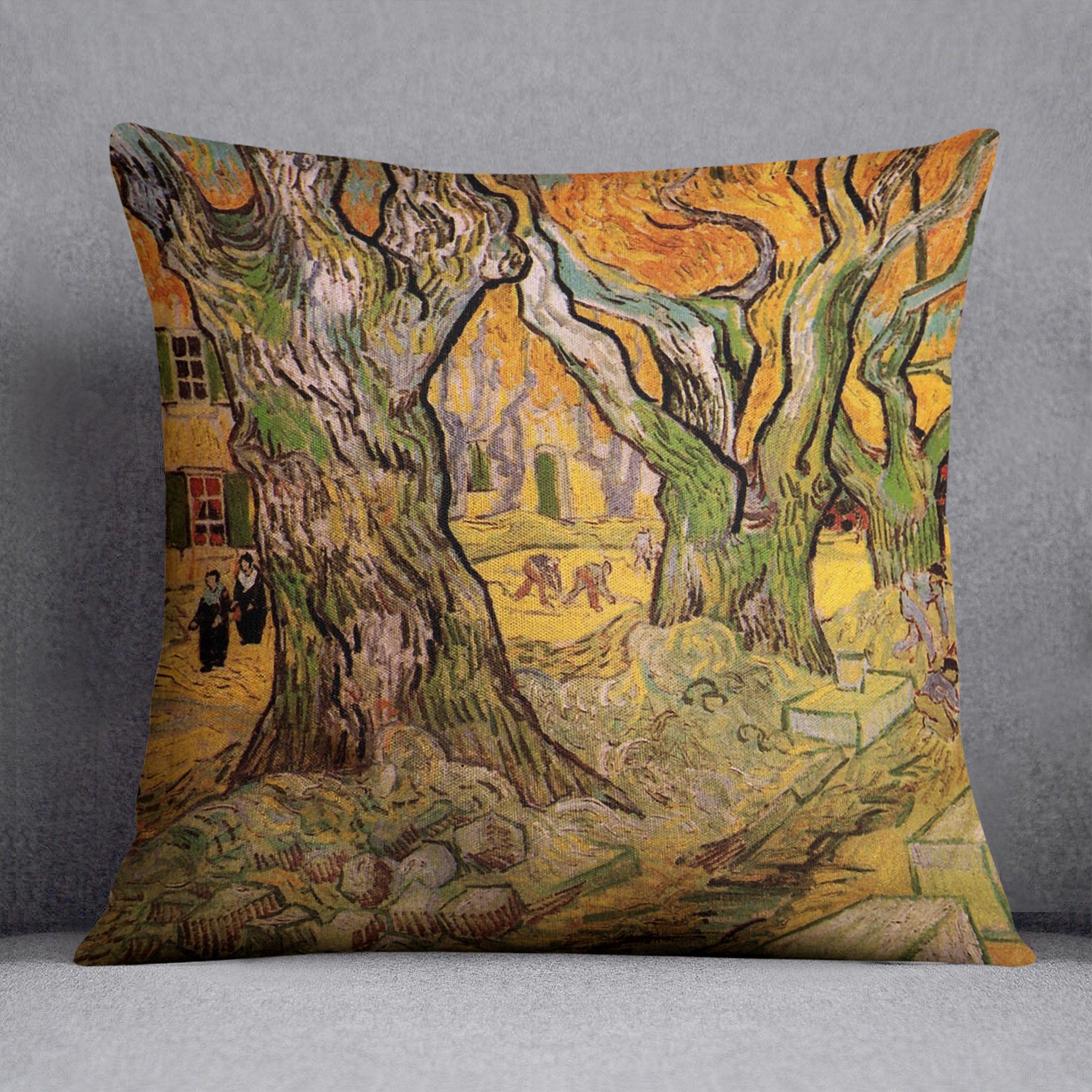 The Road Menders by Van Gogh cushion featuring vibrant abstract design on luxurious vegan faux suede.