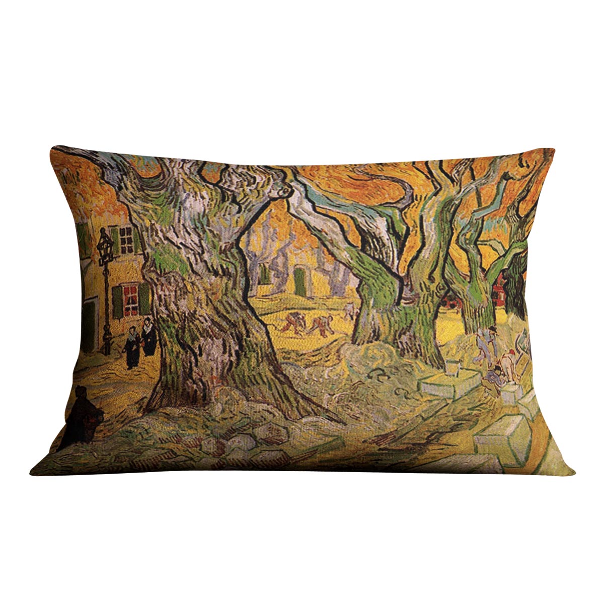 The Road Menders by Van Gogh cushion featuring vibrant abstract design on luxurious vegan faux suede.