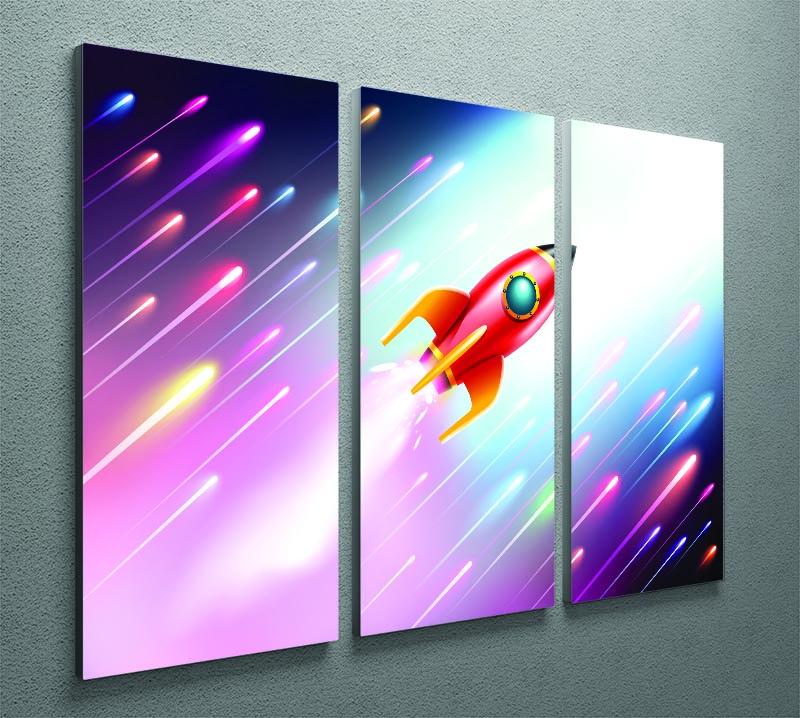 A stunning 3-panel canvas print featuring a rocket ship flying through space, showcasing vibrant colors and intricate details.