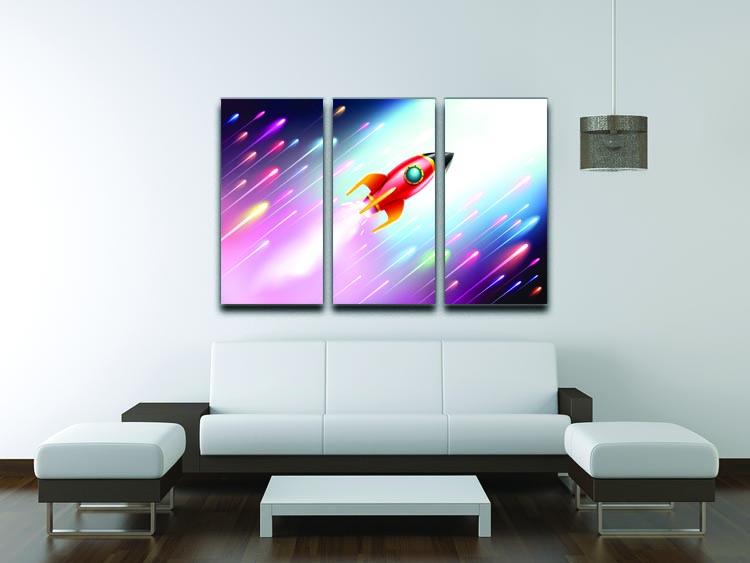 A stunning 3-panel canvas print featuring a rocket ship flying through space, showcasing vibrant colors and intricate details.