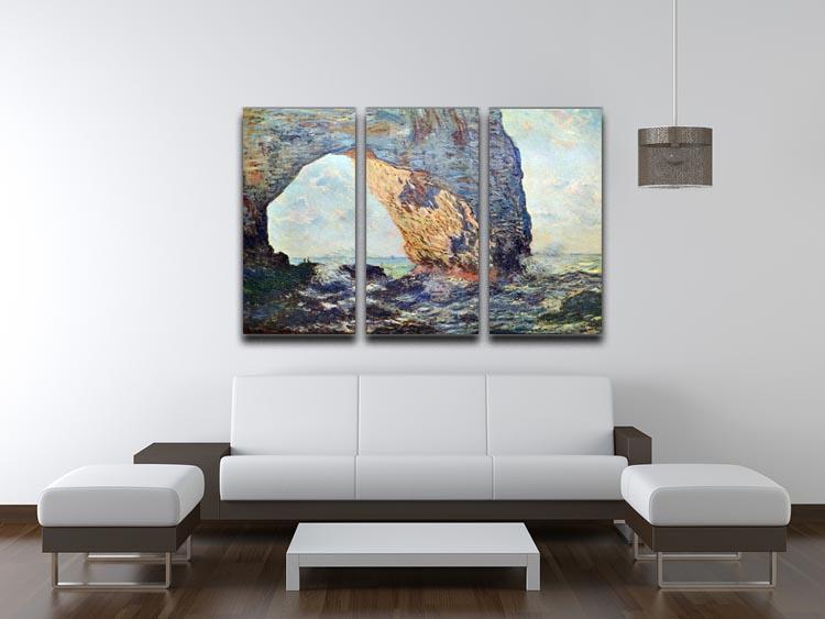 Three-panel canvas art featuring Monet's Rocky Cliffs of Etretat, showcasing vibrant colors and intricate details.