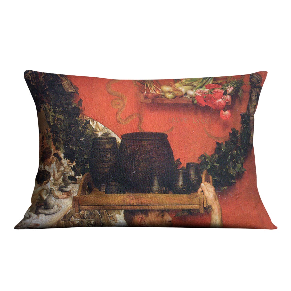 The Roman Pottery in Britain cushion featuring vibrant abstract designs on luxurious vegan faux suede.
