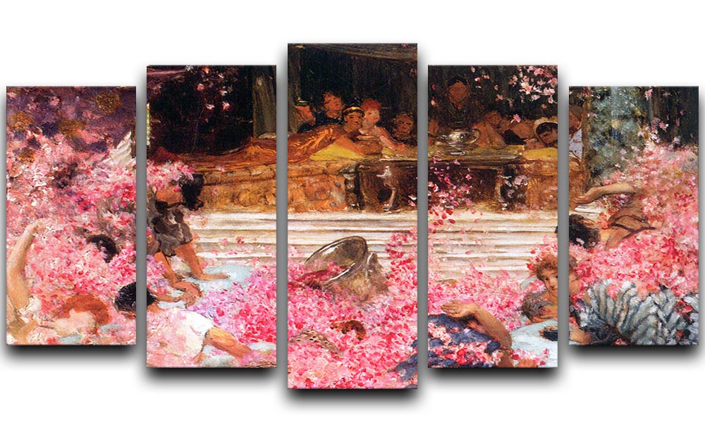 The Roses of Heliogabalus by Alma Tadema displayed as a 5-split panel canvas, showcasing vibrant colors and intricate details.