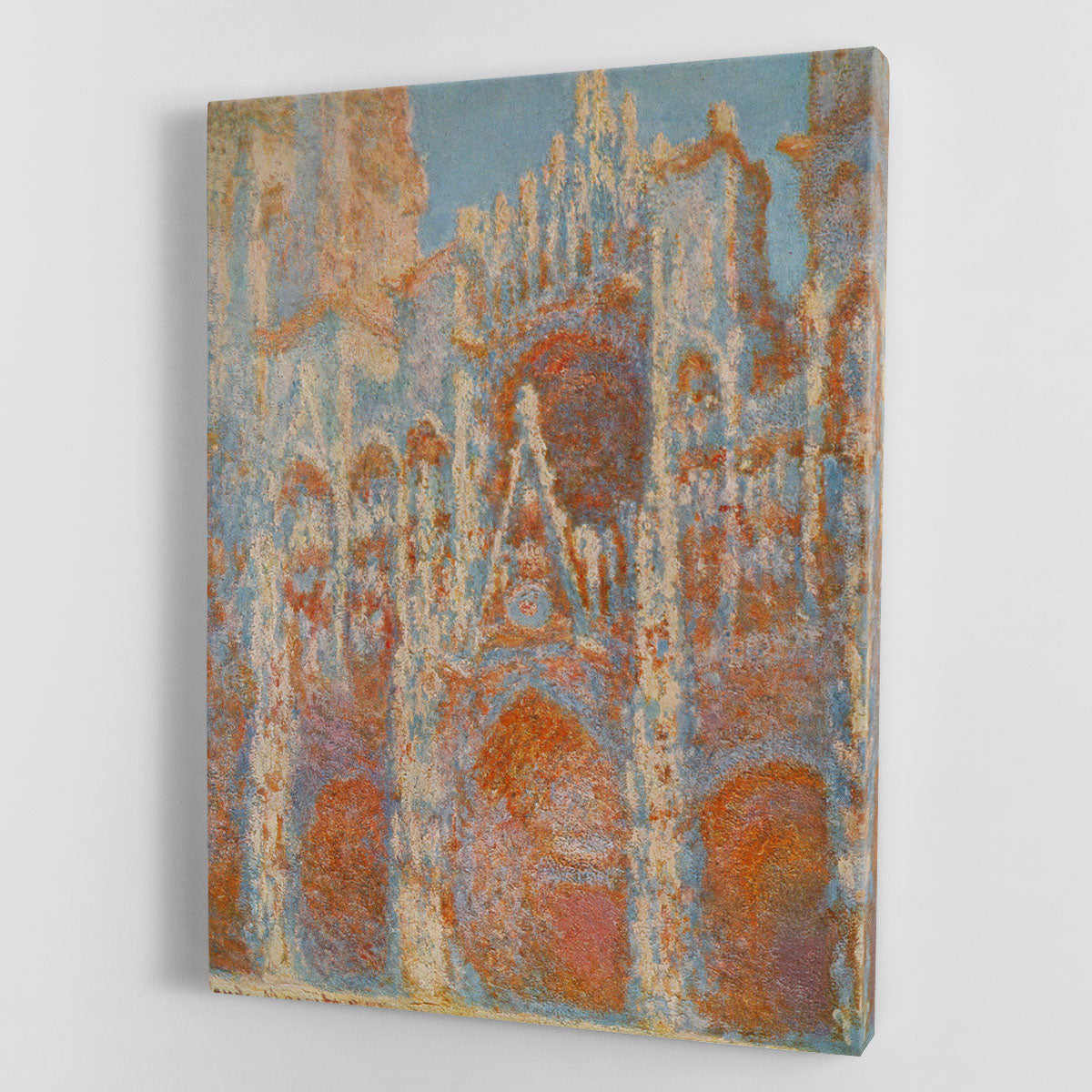Canvas print of The Rouen Cathedral facade at sunset by Monet, showcasing vibrant colors and intricate details.