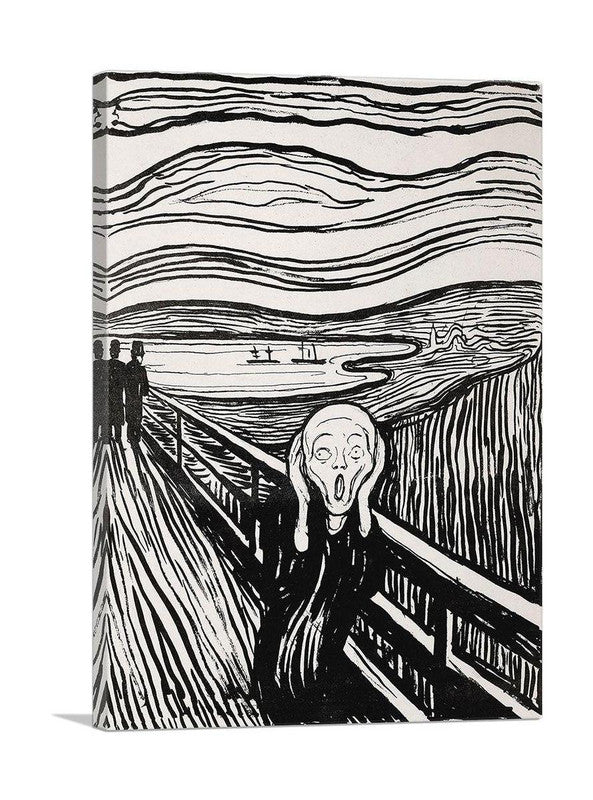 The Scream Black and White 1895 canvas art featuring Edvard Munch's iconic expressionist painting in monochrome.