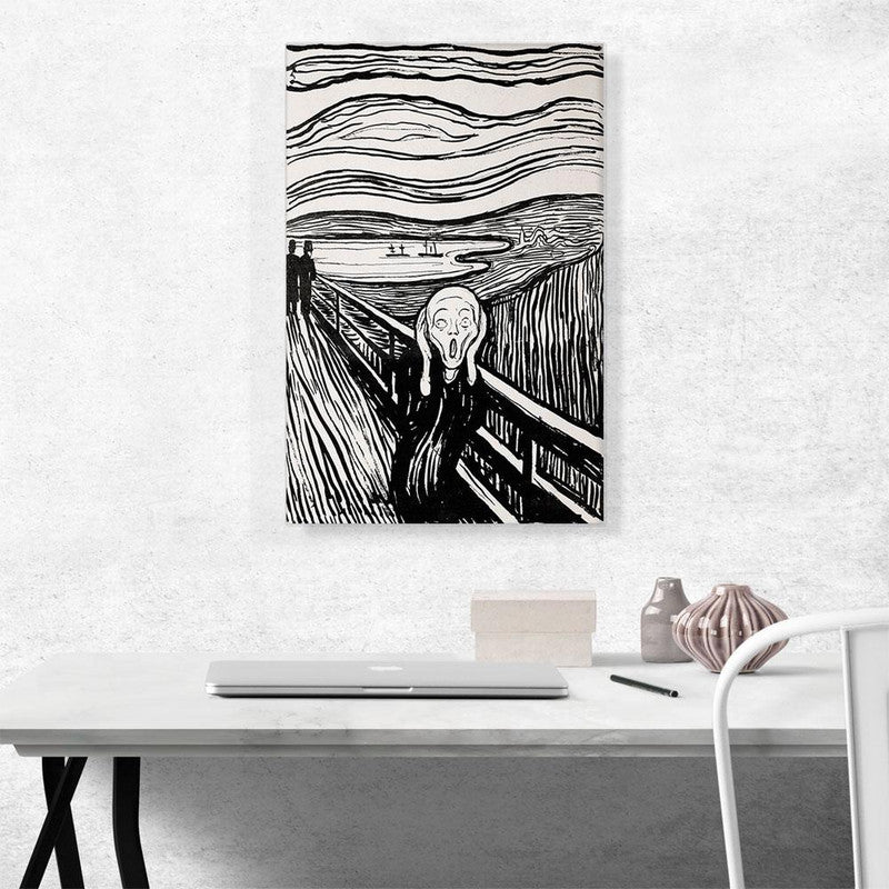 The Scream Black and White 1895 canvas art featuring Edvard Munch's iconic expressionist painting in monochrome.