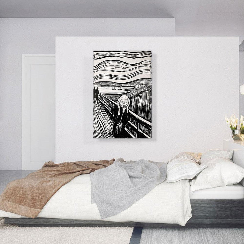 The Scream Black and White 1895 canvas art featuring Edvard Munch's iconic expressionist painting in monochrome.