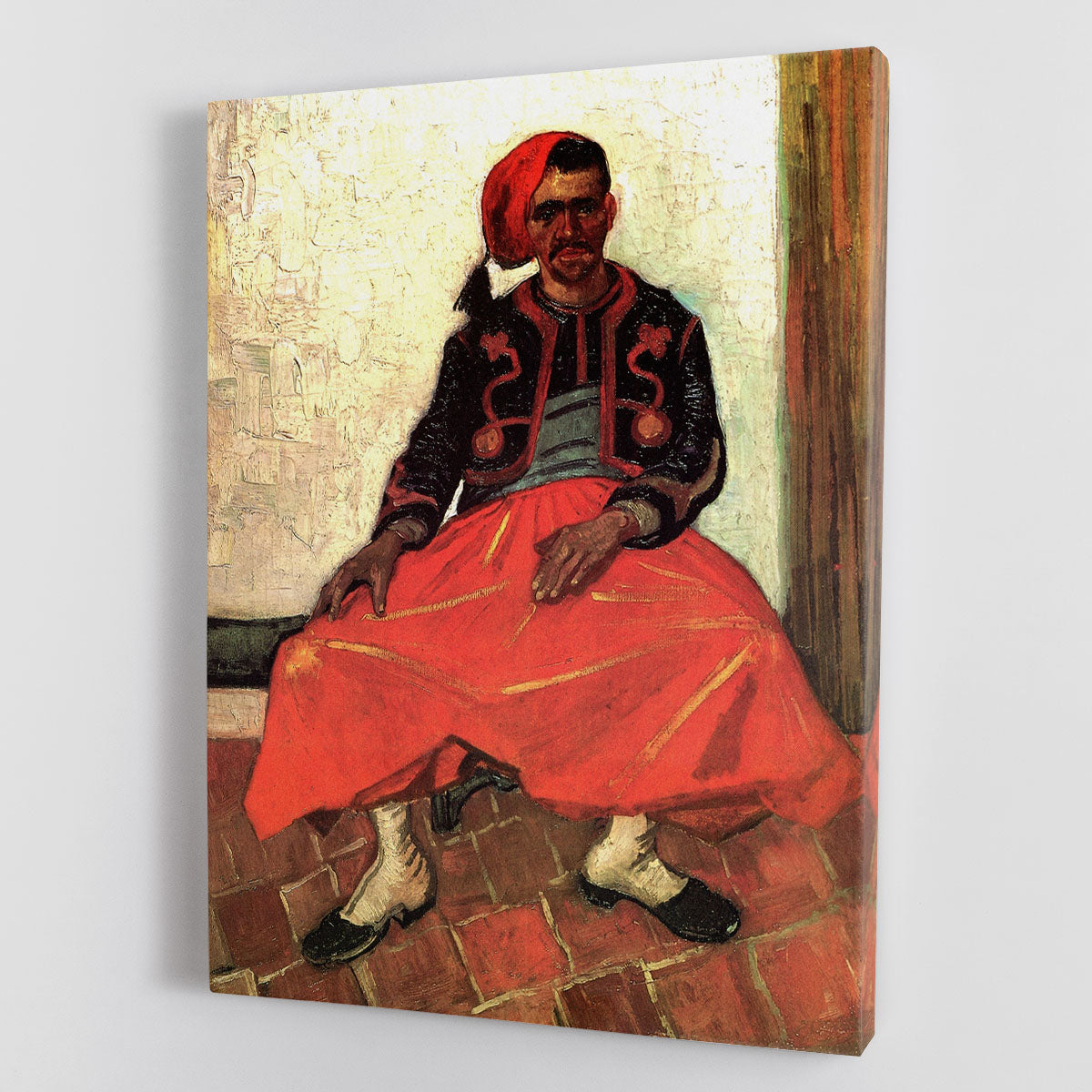 The Seated Zouave by Van Gogh, a vibrant canvas print showcasing a seated soldier in expressive colors.