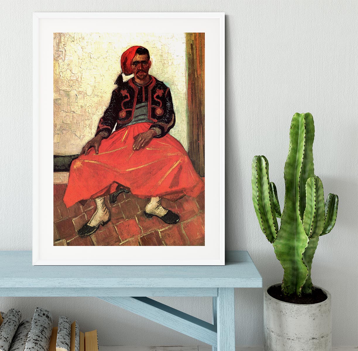 Framed print of The Seated Zouave by Van Gogh, showcasing vibrant colors and quality craftsmanship.