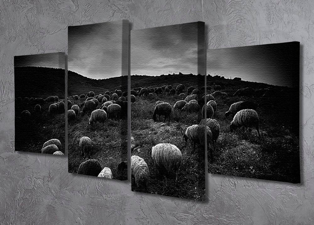 A beautiful 4-split canvas artwork depicting sheep in a lush valley, showcasing vibrant colors and serene landscape.