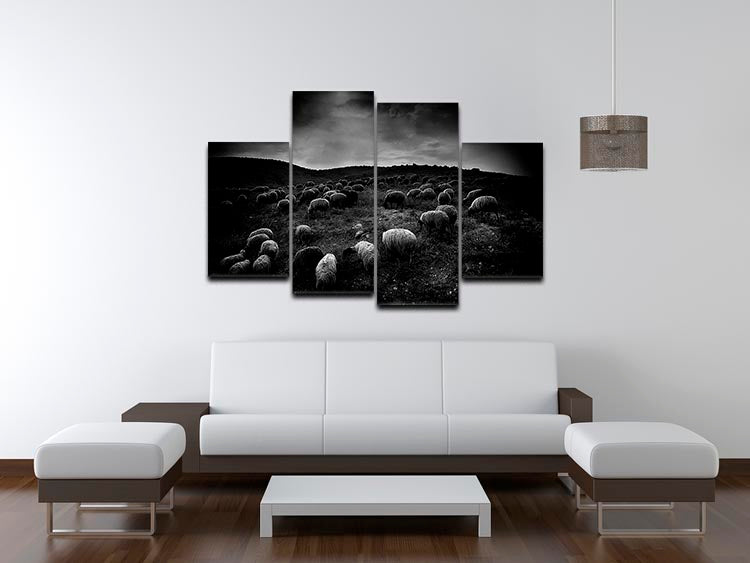 A beautiful 4-split canvas artwork depicting sheep in a lush valley, showcasing vibrant colors and serene landscape.